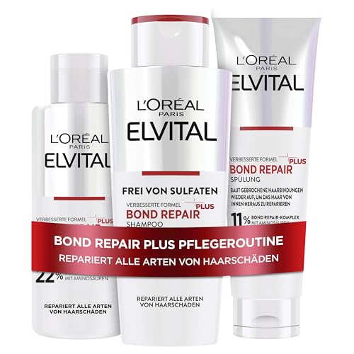 L'Oréal Paris Elvital Bond Repair Plus Routine zur Haarreparatur mit Pre-Shampoo, Shampoo & Spülung, Bundle, Schutz für weniger Haarbruch & mehr Glanz
