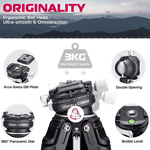 ULANZI Zero Y Travel Tripod, Camera Tripod Carbon with 360° Panorama Ball Head and Arca Quick Rlease, Photograhy Tripod with Detachable Center Column, 18kg Load Capacity for All DSRL Cameras