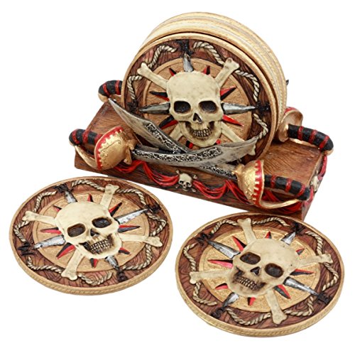 Ebros Gift Crossed Blades Caribbean Pirate Skull Coaster Set Six Round Coasters Figurine with Holder 4" H