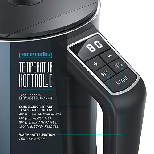 Arendo - Edelstahl Wasserkocher mit Temperatureinstellung 40-100 Grad in 5er Schritten - Doppelwand Design - Modell ELEGANT - 1,5 Liter - 2200 W - Teekocher mit Temperaturanzeige - GS - Admiral Blau – Bild 6