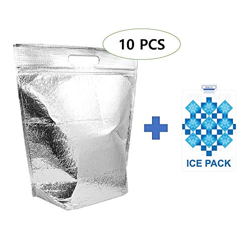 Insulated Easy Zip Lock Resealable Aluminum Sandwich Lunch Bag - Reusable Thermal Snack Bento Camping Picnic Grocery Hot & Cold Pouch (10, Large)