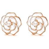 Reffeer Solid 925 Sterling Silver Camellia Flower Stud Earrings for Women Teen Girls Flower Stud Earrings Simulated Pearl Studs