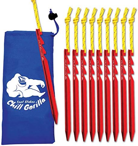Chill Gorilla 10X TENT STAKES - Heavy Duty Lightweight Strong 7075 Aluminum Alloy Pegs for Camping, Rain Tarps, Hiking, Backpacking. Essential Camping and Survival Gear. ENO Accessory