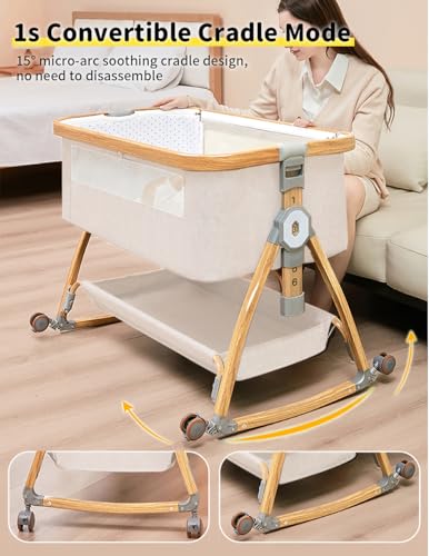 Baby Bassinet, Bedside Bassinet for Baby, 4 in 1 Portable Bedside Sleeper with Wheels Mosquito Net & Storage Basket, 6 Height Adjustable Rocking Bassinet for Newborn Baby