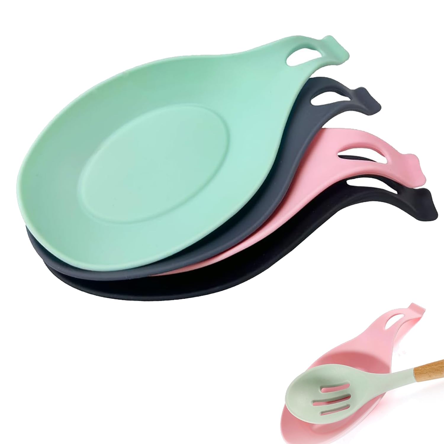 4 Pcs Heat Silicone Spoon Rest Holder, Spoon Rest for Kitchen Counter for Spatula, Ladle, Brush (Green, Pink, Grey, Blak)