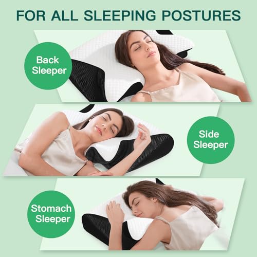 FEYIDEO Cervical Pillow, 2 in 1 Ergonomic Memory Foam Pillow Pillows for Neck Side Sleeper, Back and Mouth Down, 60 x 40 x 12/14 cm (Black)