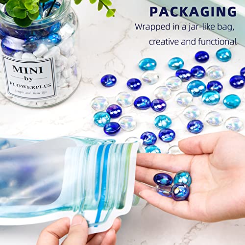 JOHOUSE 120PCS Flat Glass Marbles, Iridescent Glass Beads Dazzling Glass Pebbles Blue Mixed Aqarium Gems for Vase Filler Home Decor DIY Craft