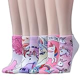 Epeius 6 Pairs Girls'/Women's Cartoon Unicorn Low Cut Socks Colorful Funny Socks with Box Value Pack,White/Pink/Blue/Purple/Beige,Shoe Size 5-8.5