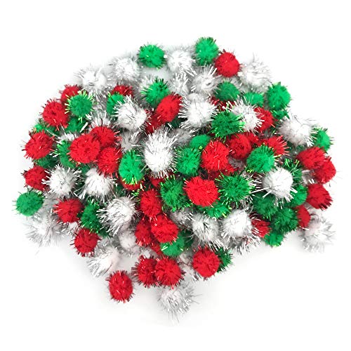 MUMULULU 150 PCS 20mm Glitter Color Pom Poms Decor for Arts & DIY Crafts (Red, Green, White)
