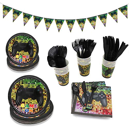 Video Game Party Supplies, Angela&Alex 169 Pieces 24 Guests Gaming of Themed Party Birthday Banner Round Plates Cups Napkins Dessert Plate Forks Knives Spoons Game On Supplies Decor