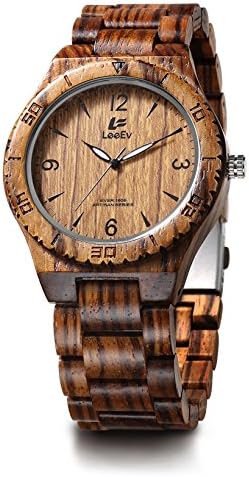 LeeEv EV1908 Mens Handmade Zebra Sandal Wood Watch Analog Quartz Light Weight Vintage Wooden Wrist Watch (EV1908C)