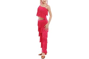 BK FASO Girls 2 Pcs Latin Dance Costume Sets Tassel Camisole Tops Fringe Pants Modern Salsa Ballroom Outfits