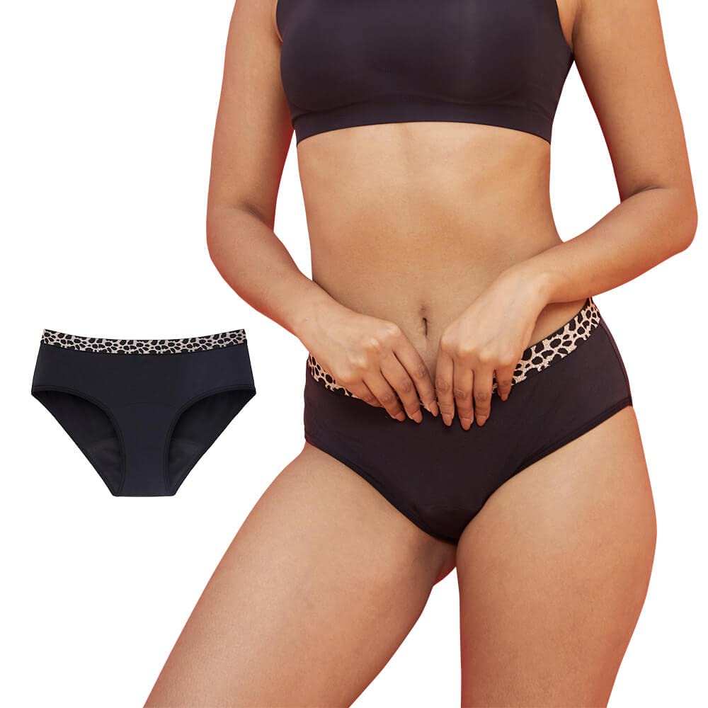 YooTime Period Underwear for Women, Leopard Hipster Stretchy Microfiber Period Panties Heavy Flow with Storage Bag Black 1Pack/L