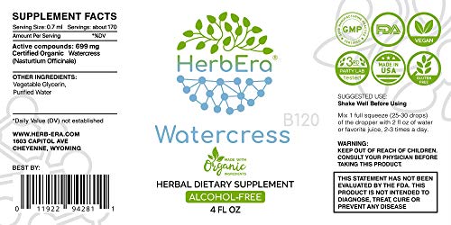 Watercress B120 Alcohol-Free Herbal Extract Tincture, Super-Concentrated Organic Watercress (Nasturtium Officinale) (4 fl oz)
