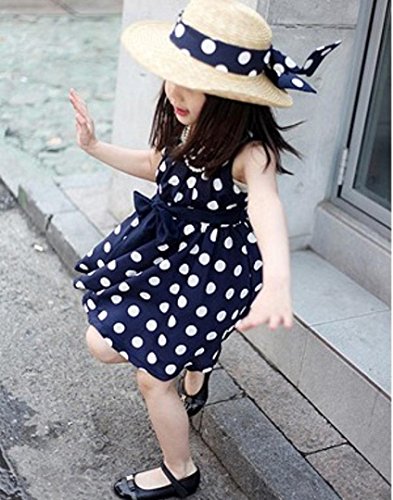 Shybuy Toddlers Polka Dot Skirt Sleeveless Flowers Girl Vintage Bow Dress (Blue, 5-6Y) - Thumbnail 4