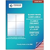 Premium Label Supply Glossy White Sticker Labels – 4" x 3.33" – (6 per Sheet) (Glossy White for Laser Only, 60 Labels)
