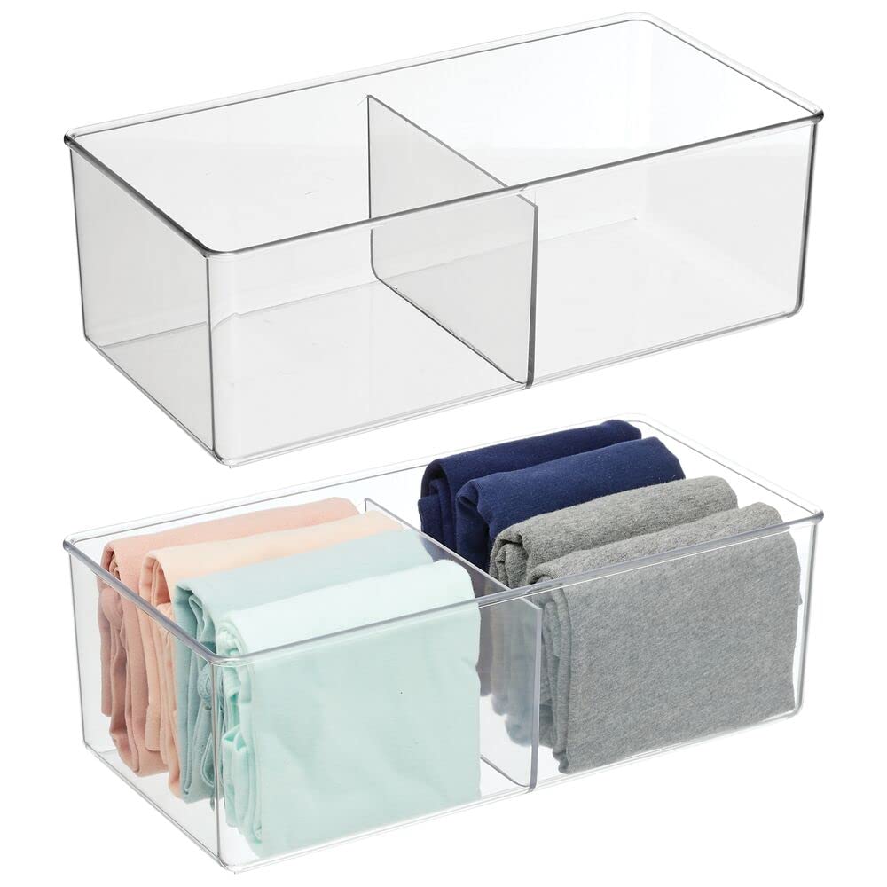 mDesign Storage Box with 2 Compartments – Practical Clothing Storage Box for The Bedroom – Makeup, Accessories and Clothes Organiser – Pack of 2 – Clear
