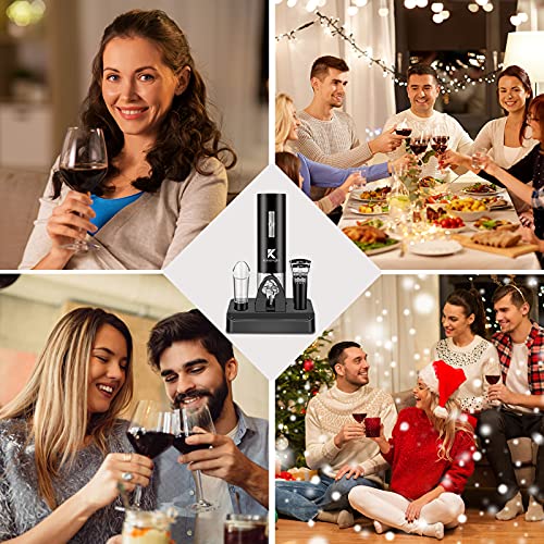 Sacacorchos Eléctrico Inalámbrico, Kaisangtu Automatico Abrelatas de Vino USB Recargable Vertedor de Vino con Cortador de Papel, 2 Tapón de Vino Silicona de Vacío, Base, Caja de Regalo