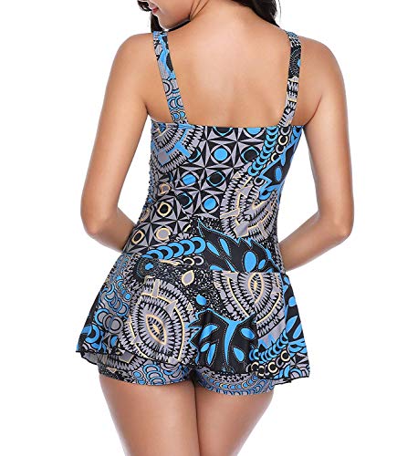 LAMISSCHE Womens Spaghetti Strap Bathing Suit Dress Printed Padded Tank Top Tankini Swimsuits(One-Piece Blue Floral,XL) - Thumbnail 6