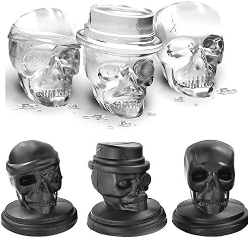 Ice Mold Skull 3D Flexible Silicone Ice Cube Molds Maker Tray, 4 Giant Skulls, Round Ice Cube Maker (3 Ice Molds)