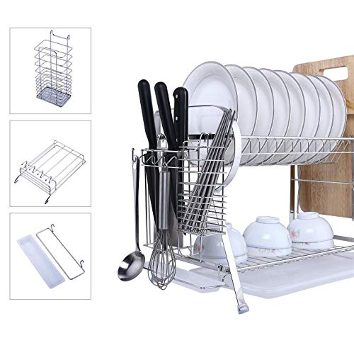 MICOE Stainless Steel Dish Drain Drying Rack with Cutting Board Holder 2 Tier Large Capacity H-WDG2002