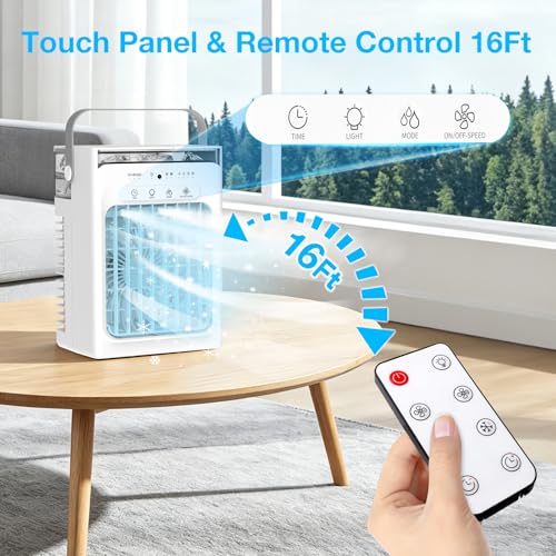 Portable Air Conditioners, Portable AC Unit with Remote, 1100ml Tank Evaporative Air Cooler, Mini AC with 4 Speeds & 2 Mist Modes, 2/4/6 Hour Timer, USB Powered Cooling Fan for Bedroom, Room, Office