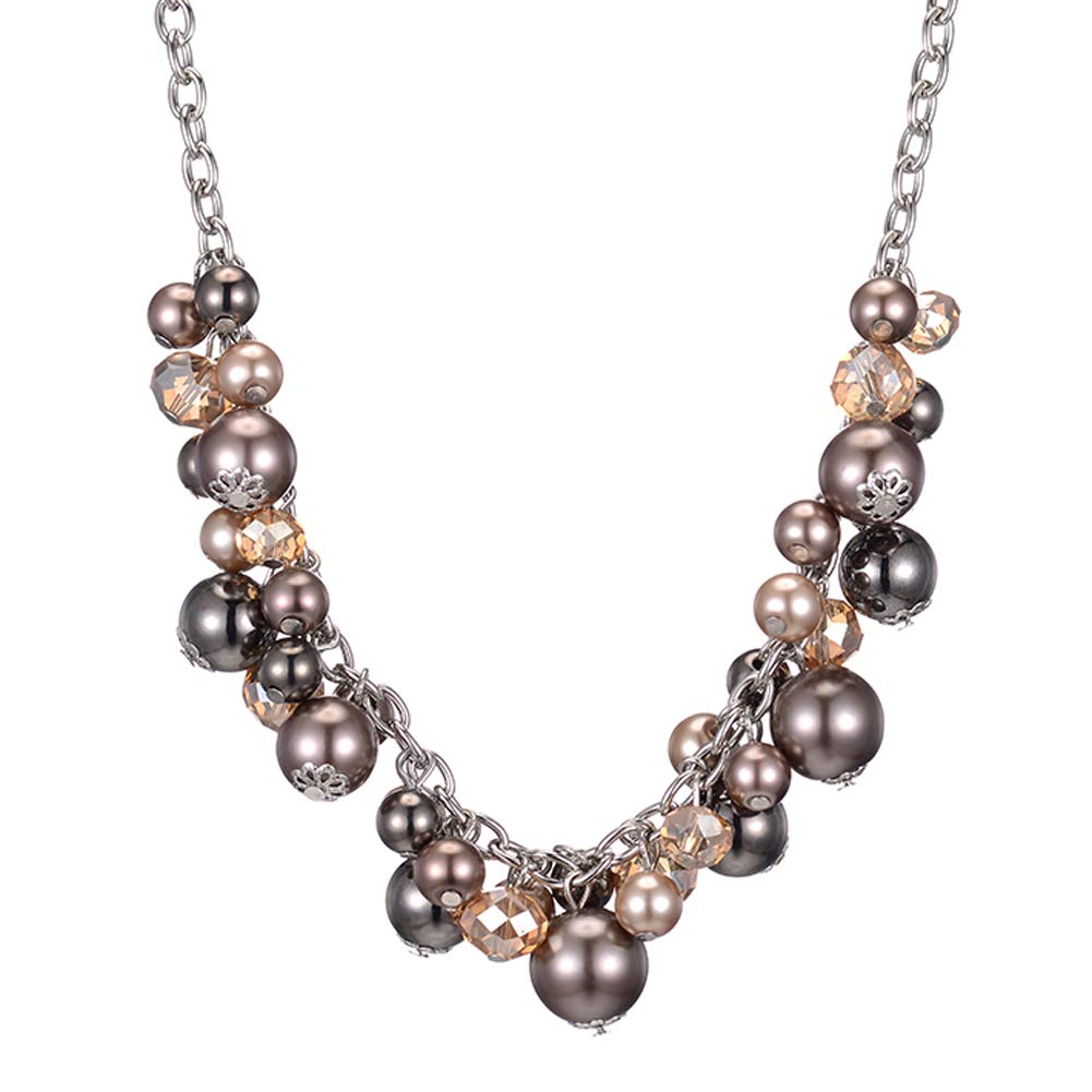 BULINLIN Short Beaded Pendant Chain Necklace Silver Costume Handmade Necklace with Crystal Pearl Beads Fashion Jewellery Gifts for Her(Brown)