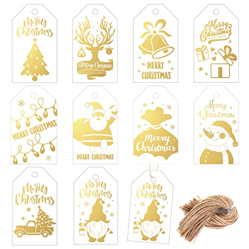 Koogel Christmas Paper Tags, 120PCS Gold Foil Gift Tags Hang Name Labels with Twine for DIY Xmas Present Gift Box Christmas Party Decoration