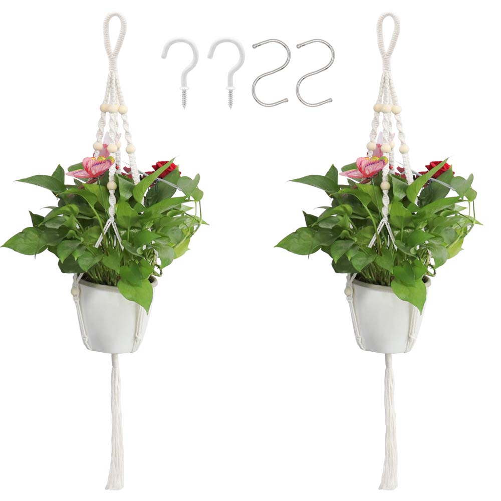 KSTEU Macrame Plant Hangers 2 Pcs, Handmade Cotton Rope Hanging Planter Basket, Ceiling Plants Holder Home Decor With Wood Beads,with S-shaped Hooks and Spiral Hooks 4 Pcs