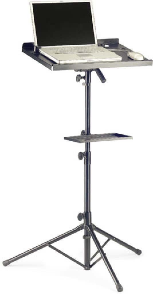 Stagg Two Tier Computer Stand, Adjustable Tripod for Laptop, Extra Table for Accessories