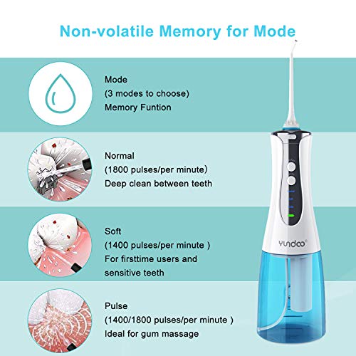 Water Flosser Oral Irrigator, YUNDOO Cordless Rechargeable Anti Leakage Non-slip 300 Ml Water Pick Teeth Cleaner with Power Light for Braces, Implants, Bridges, Dental Care at Home and Travel