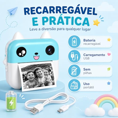 Câmera Infantil Digital Instantânea com Impressão Térmica (Azul)