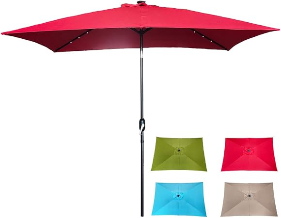 Amazon Com Jadada Rectangular Patio Umbrella 26 Leds Lighted Solar Umbrella Outdoor Market Table Umbrella With Crank Handle And Tilt 6 5 By 10 Ft Red Garden Outdoor