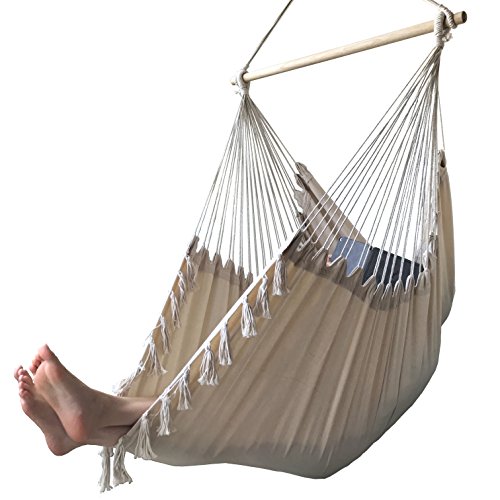 AOW Hammock Chair | Soft & Durable Cotton Canvas | XL Nordic Style Swing Seat with Tassel for Indoor & Outdoor (Beige White)