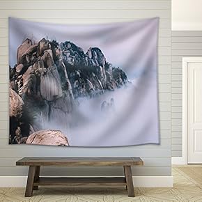 Rock Mountain Surrounded with Fog - Fabric Wall Tapestry Home Decor - 51x60 inches