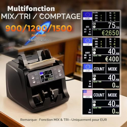 Bonvoisin Banknote Counting Machine, Totalises Mixed Banknotes EUR | 1500 Banknotes/Min, UV/IR/MG/MT Detection, Sorting, Batch And Add, HD TFT Screen, For Banks And Businesses.