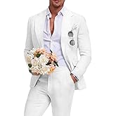 Aowdoy Men's Linen Suit 2 Piece Slim Fit Summer Beach Wedding Dress Tux Prom Suit Blazer Jacket and Pants