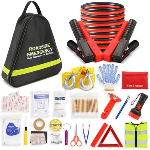 Emergency Breakdown Kit, 76 in 1 Multifunctional Roadside Assistance Car Breakdown Kit with Jumper Cables, Tow Rope, Triangle, Flashlight, Safety Hammer, etc