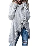 Women's Speckled Fringe Cardigan Crew Neck Knited Tassels Slash Sweater Coat Outwear