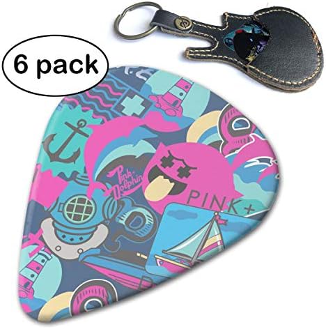 WB - Pink Dolphin 351 Shape Classic Guitar Picks (6 Pack) For Electric Guitar, Acoustic Guitar, Mandolin, And Bass. Gift Leather Pick Holder Keychain (0.46mm, 0.71mm, 0.96mm)