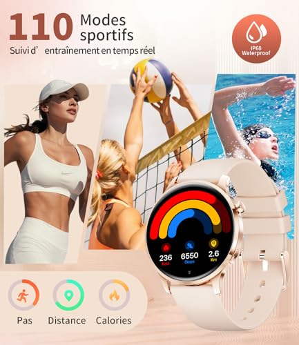 HIRREO Montre Connectée Femme Ronde, Smartwatch Femme Ultrafin 7,99 mm 1,32" Écran Clair Appel Bluetooth, Montre Intelligente Santé Féminine Fréquence Cardiaque SpO2 Fitness Podomètre, Or Rose
