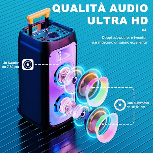 JYX Karaoke with 2 Wireless Microphone, 800 W Large Bluetooth Speaker, IPX4 PA System Subwoofer, Bluetooth 5.3, RGB Disco Light, Complete Professional Sing for Adults, Supports TF/USB, AUX, Rec