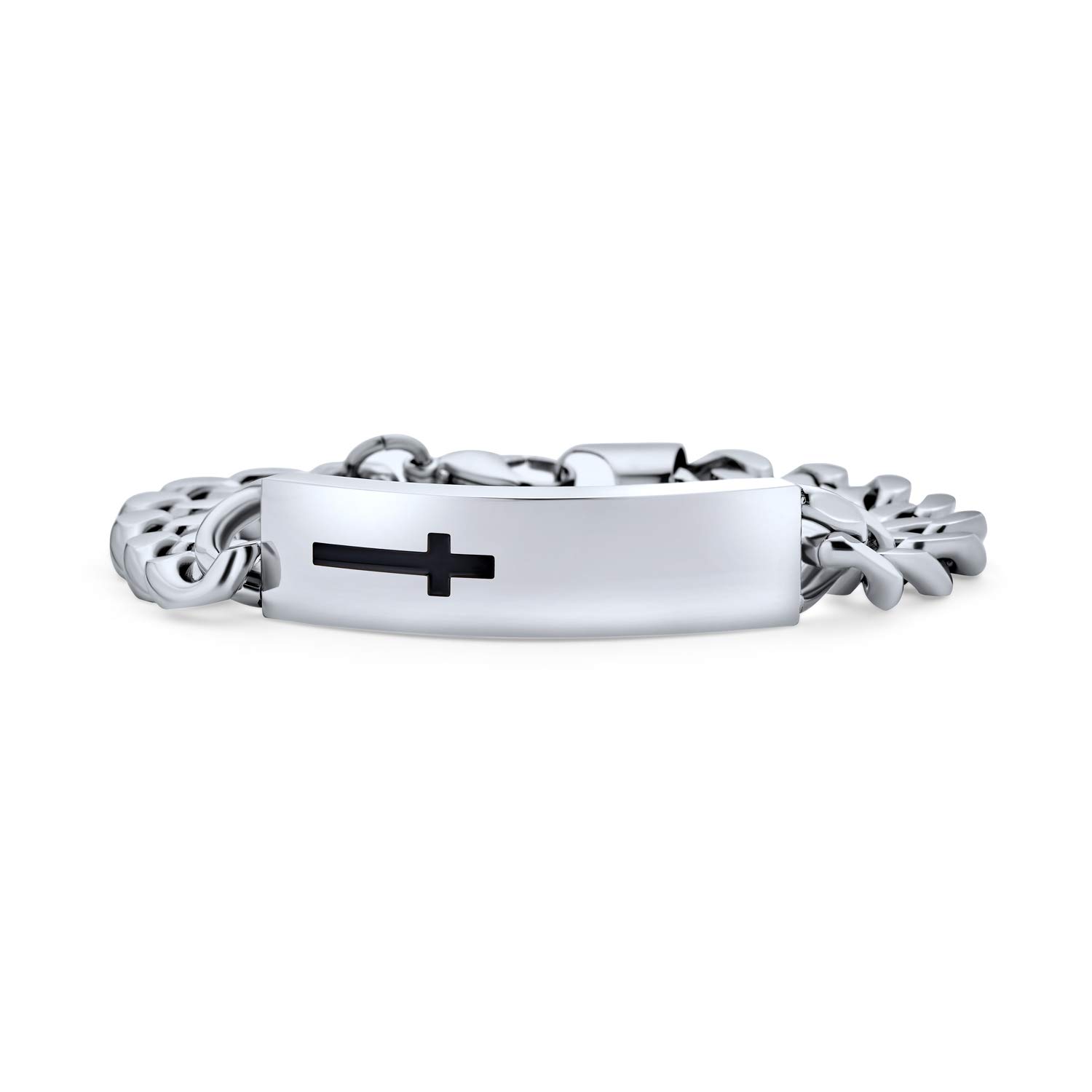 Bling Jewelry Engravable Mens Name Plated Religious Side Ways Cross Identification ID Bracelet For Men Curb Silver Tone Stainless Steel