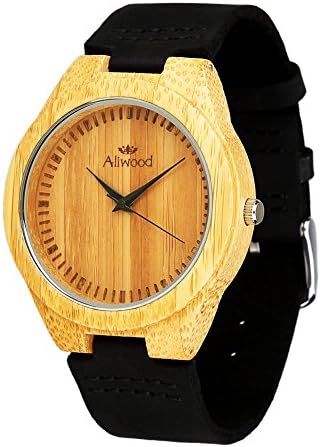 Aliwood Men Wooden Quartz Watch Round Dial Analog Handmade Wood Wristwatch
