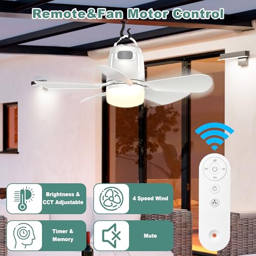 Canopy Fan 50CM, 20000mAh Portable Outdoor Ceiling Fan with Light with Remote Control and Extension Hook, Easy Operation Battery Powered Fan Light for Gazebo, Tent, Patio, Pergola