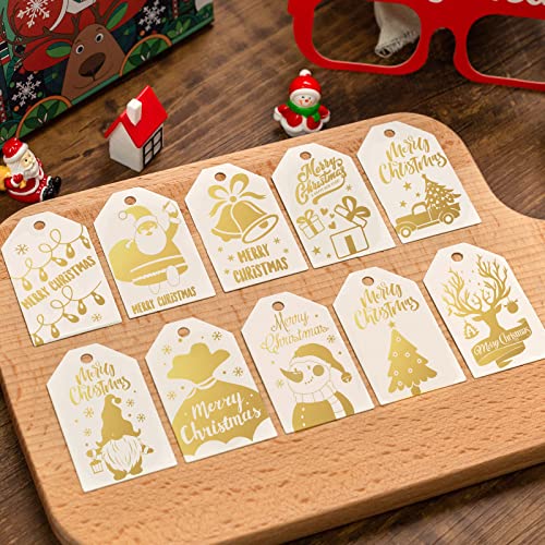 Koogel Christmas Paper Tags, 120PCS Gold Foil Gift Tags Hang Name Labels with Twine for DIY Xmas Present Gift Box Christmas Party Decoration