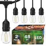 Banord 2 Pack LED 48FT Outdoor String Light, Commercial Grade Heavy Duty Light String with 15 x E26 Socket, 36 x 2W Dimmable S14 Bulb String Lighting, Waterproof Vintage Patio Hanging Light