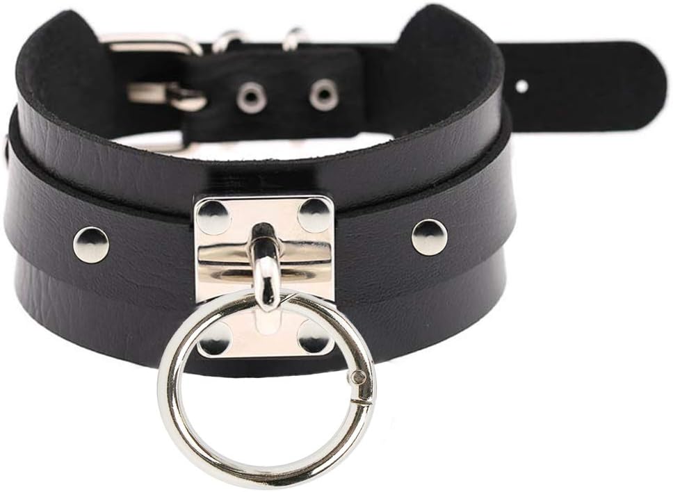 Black Choker Necklace Punk Goth Choker Gothic Classic PU Leather O-Ring Collar Choker Silver Metal for Girls Women