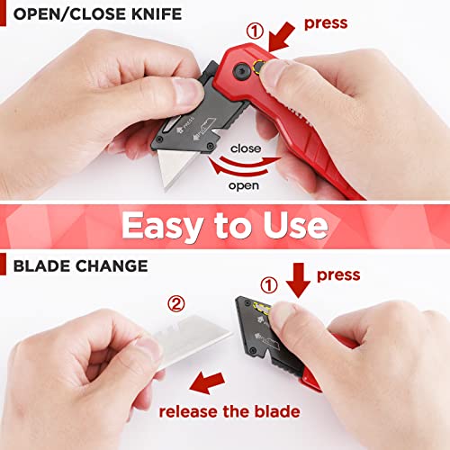 WORKPRO Folding Utility Knife, Quick Change Box Cutter, Razor Knife for Cartons, Cardboard, Boxes, Blade Storage in Handle, 13 Extra Blades Included (Red)