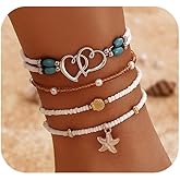 Tornito Shell Ankle Bracelet Set for Women Gold Boho Bead Anklets Summer Hawaiian Beach Seashell Pearl Disc Double Heart Starfish Conch Layered Foot Chain Jewelry Adjustable